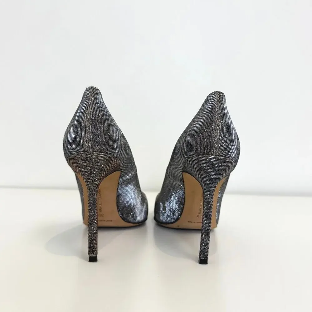 Manolo Blahnik BB 105 Nott Gold Glitter Pumps 39 Metallic Gray Point Toe Heels